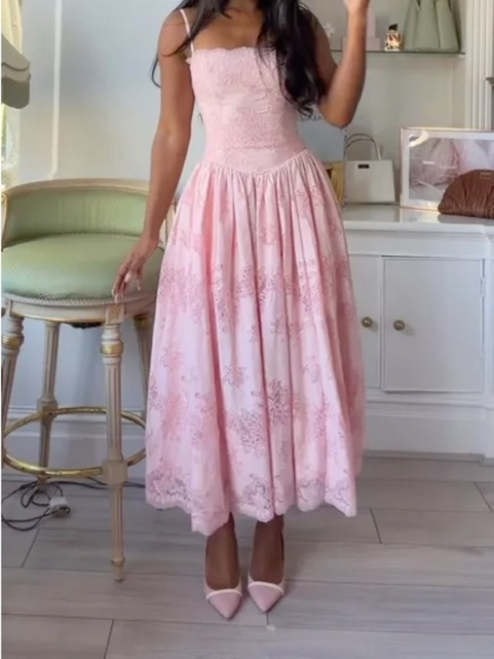 House of CB CHLOE Pink Custom Lace Cotton Midi Sundress Small cup A/C NWOT